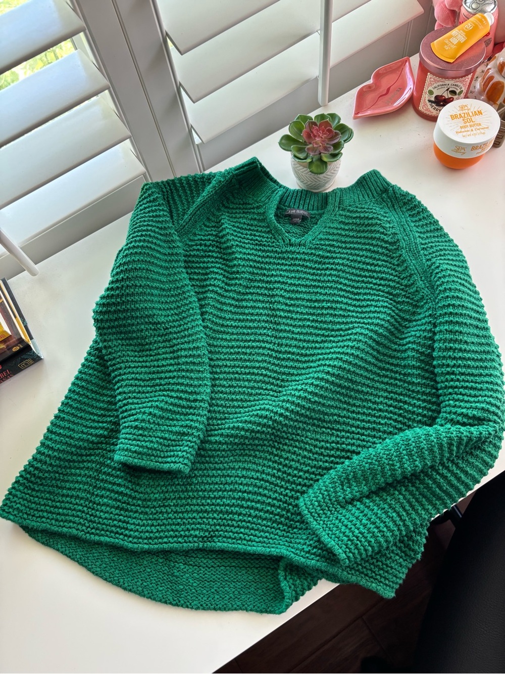 J. Jill Wearever Collection Green Notch-Neck Knit Sweater Large